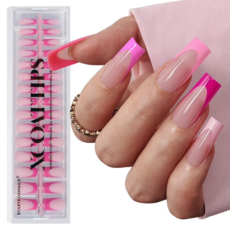 Long Square Pink French Tips Nails